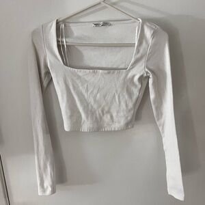 Zara White Square Neck Long Sleeve Crop Top